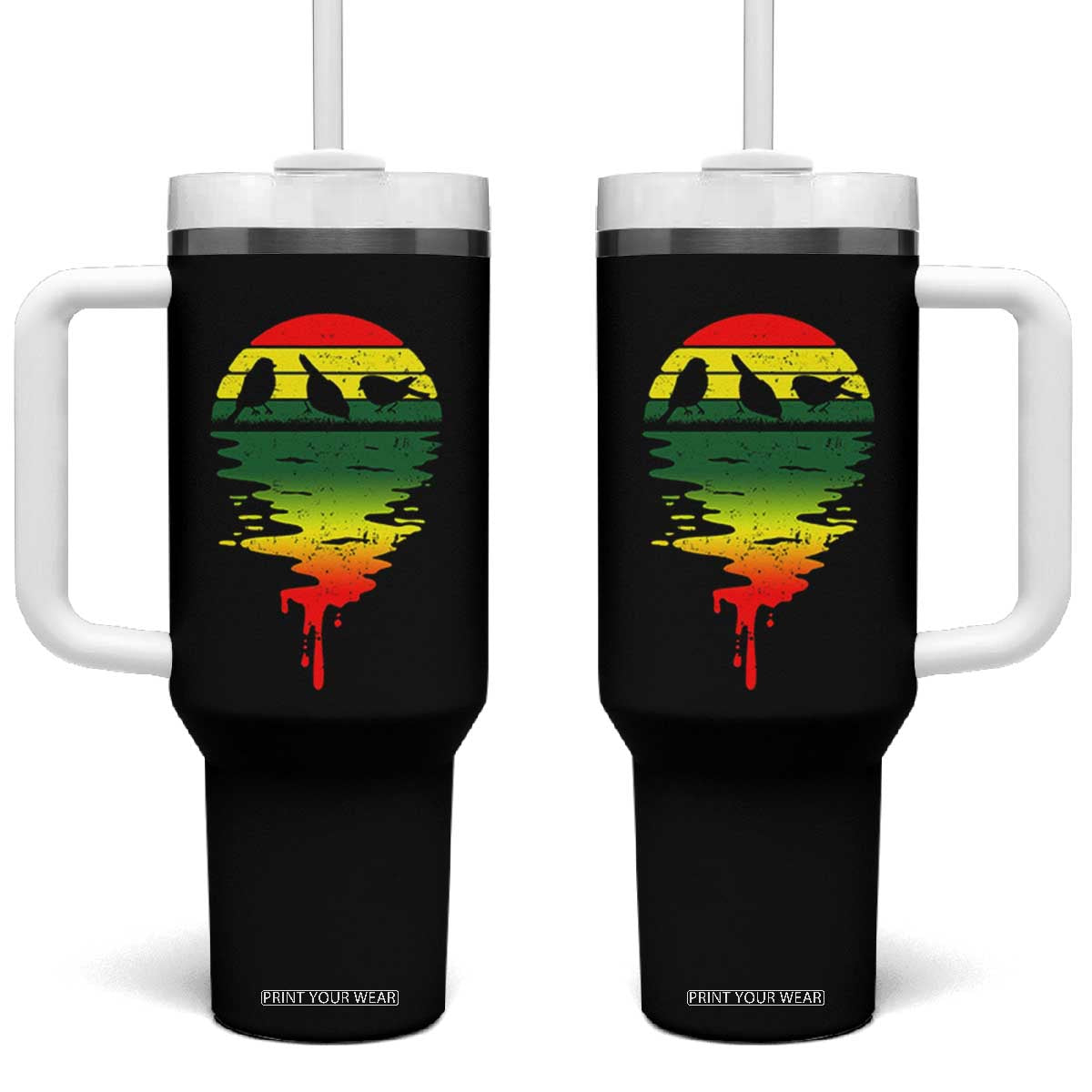 Three Birds Tumbler With Handle Rasta Sunset Reggae Music Jamaica Reflection TS11 One Size: 40 oz Black Print Your Wear