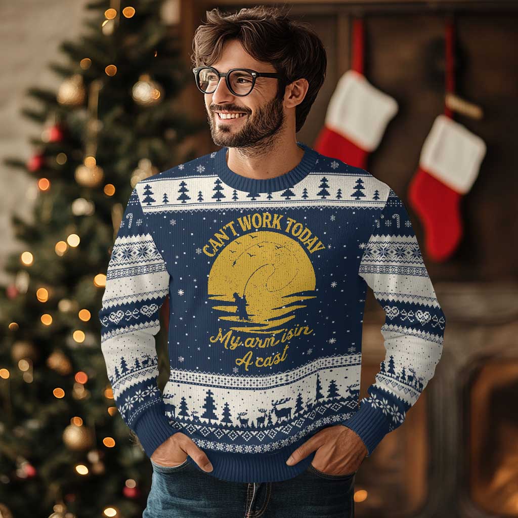 Funny Cant Work Today My Arm Is In A Cast Ugly Christmas Sweater Fly Fishing Fathers Day TS11 Navy Beige Print Your Wear