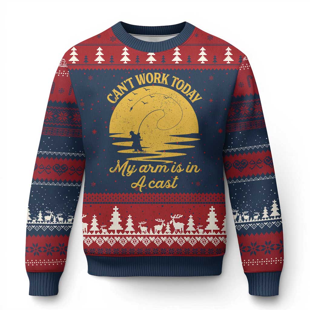 Funny Cant Work Today My Arm Is In A Cast Ugly Christmas Sweater Fly Fishing Fathers Day TS11 Navy Red Print Your Wear