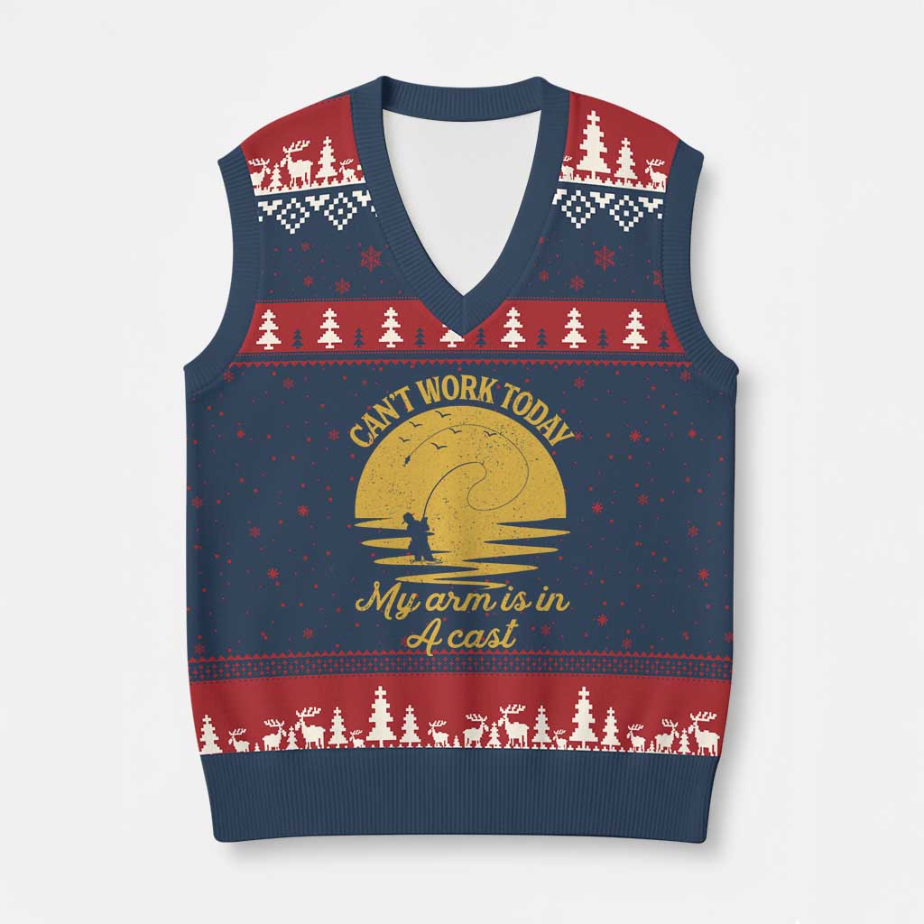 Funny Cant Work Today My Arm Is In A Cast V-Neck Knit Sweater Vest Fly Fishing Fathers Day TS11 Navy Red Print Your Wear