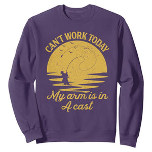 Funny Cant Work Today My Arm Is In A Cast Sweatshirt Fly Fishing Fathers Day TS11 Purple Print Your Wear