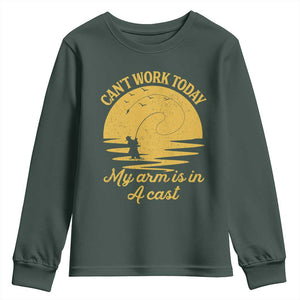 Funny Cant Work Today My Arm Is In A Cast Youth Sweatshirt Fly Fishing Fathers Day TS11 Dark Forest Green Print Your Wear