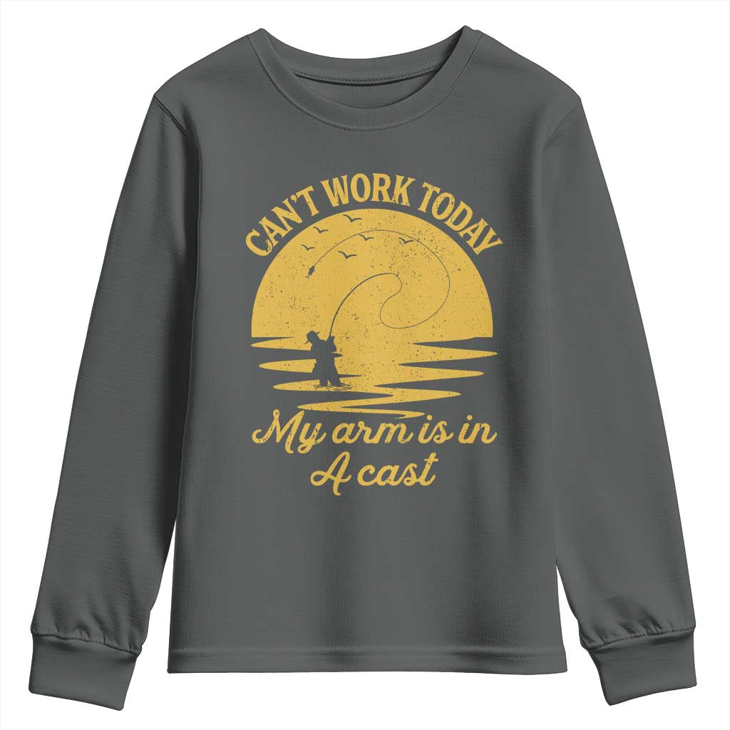 Funny Cant Work Today My Arm Is In A Cast Youth Sweatshirt Fly Fishing Fathers Day TS11 Dark Heather Print Your Wear