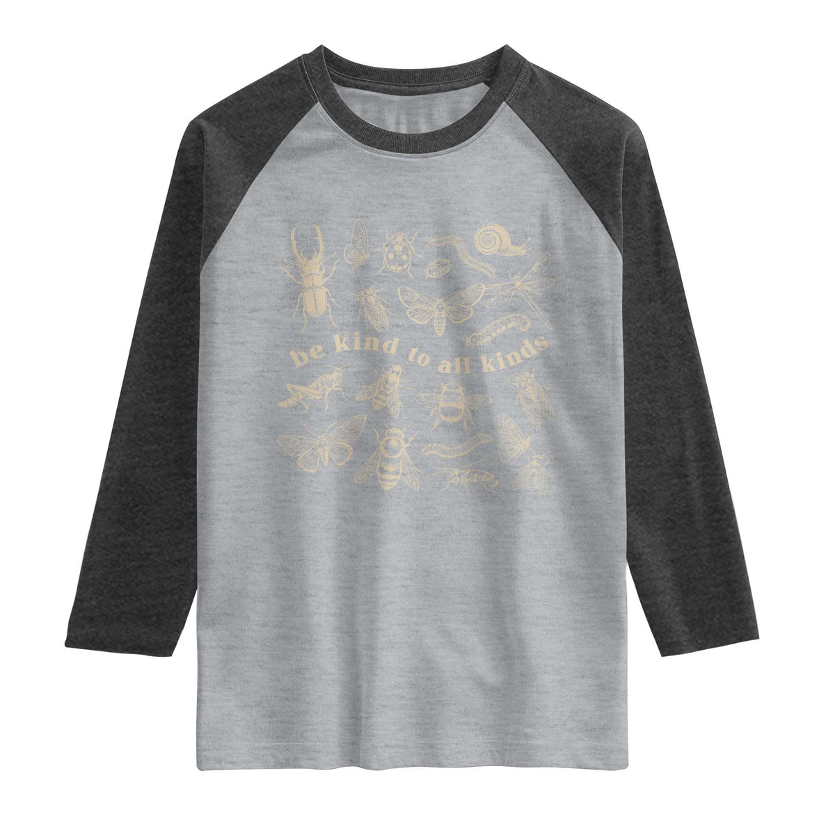 Be Kind To All Kinds Bugs Entomologist Insect Lover Raglan Shirt TS11 Heather Gray Heather Charcoal Print Your Wear