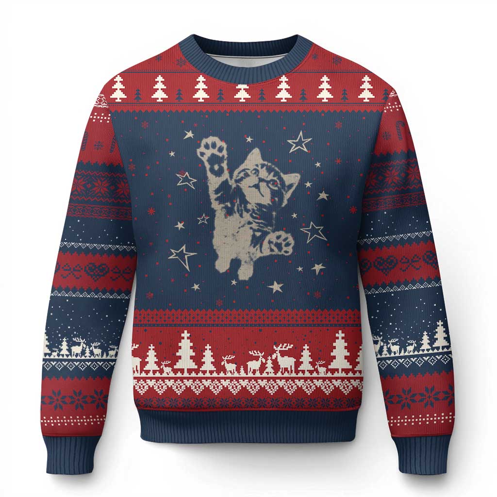 90s Y2k Cat Jumping Stars 2000s Grunge Vintage Graphic Ugly Christmas Sweater TS11 Navy Red Print Your Wear