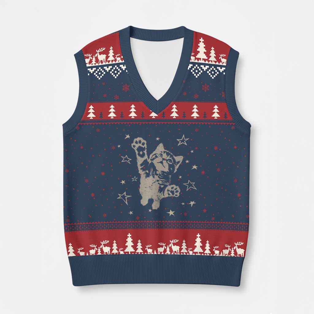 90s Y2k Cat Jumping Stars 2000s Grunge Vintage Graphic V-Neck Knit Sweater Vest TS11 Navy Red Print Your Wear