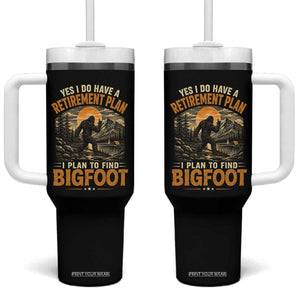 Yes I Do Have A Retirement Plan I Plan To Find Bigfoot Tumbler With Handle Funny Retired Bigfoot Hunter Retro Forest