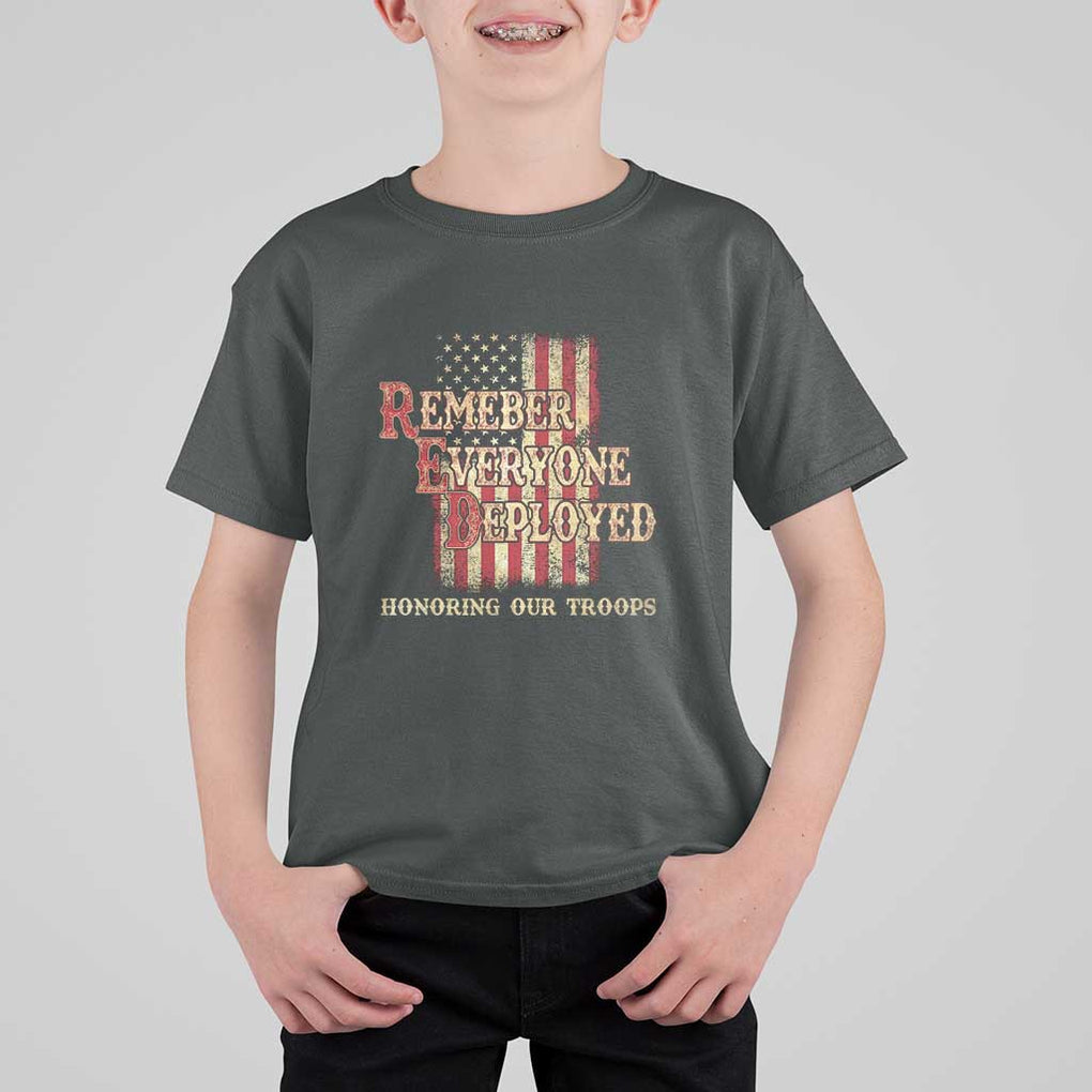 Red Friday T Shirt For Kid RED Remember Everyone Deployed Honoring Our Troops Military Vintage USA Flag TS11 Dark Heather Print Your Wear
