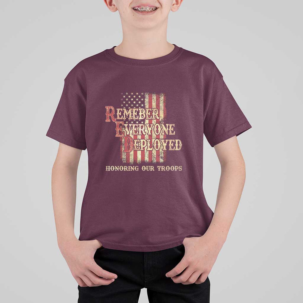 Red Friday T Shirt For Kid RED Remember Everyone Deployed Honoring Our Troops Military Vintage USA Flag TS11 Maroon Print Your Wear