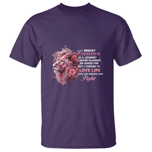 Breast Cancer Awareness T Shirt Breast Cancer Is A Journey I Never Planned Or Asked For But I Choose To Love Life Floral Lion TS11 Purple Print Your Wear