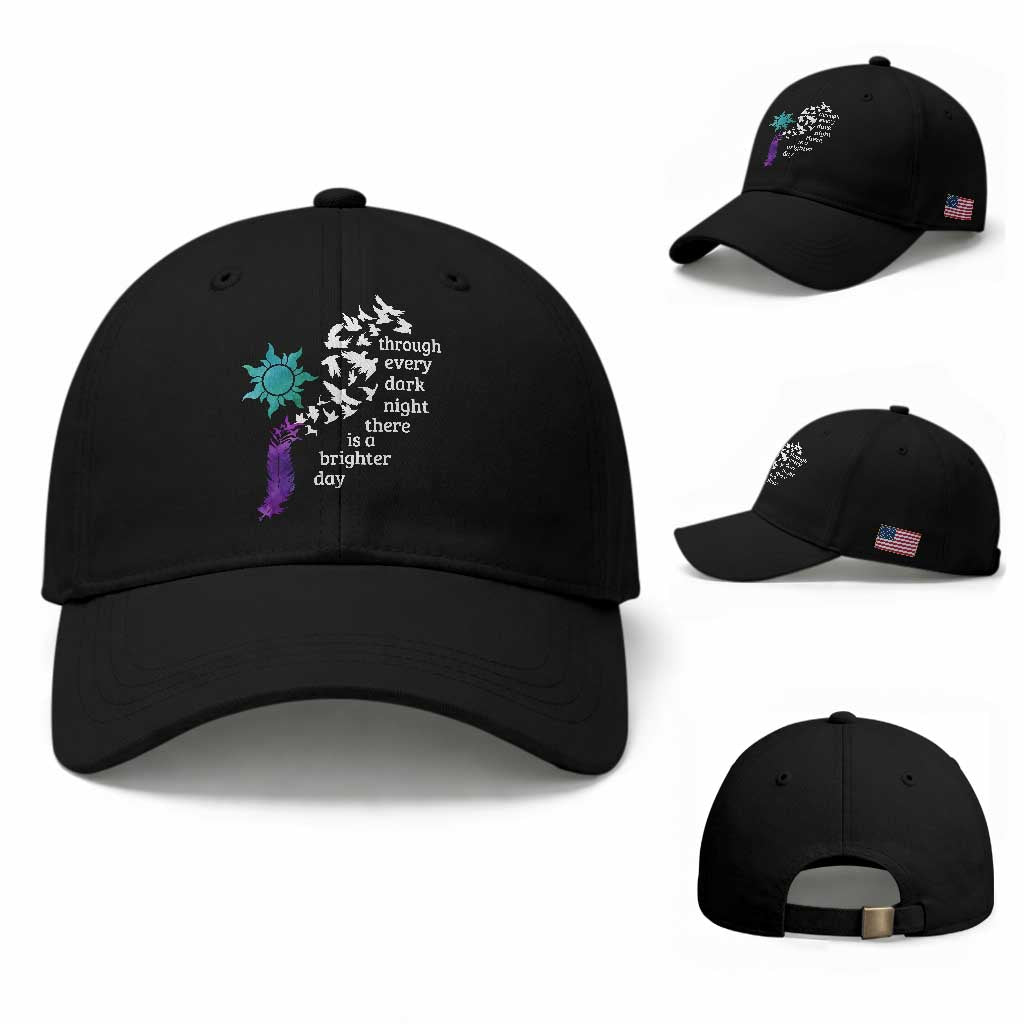 Suicide Prevention Awareness Baseball Cap Through Every Dark Night There Is A Brighter Day Semicolon Sun Feathers