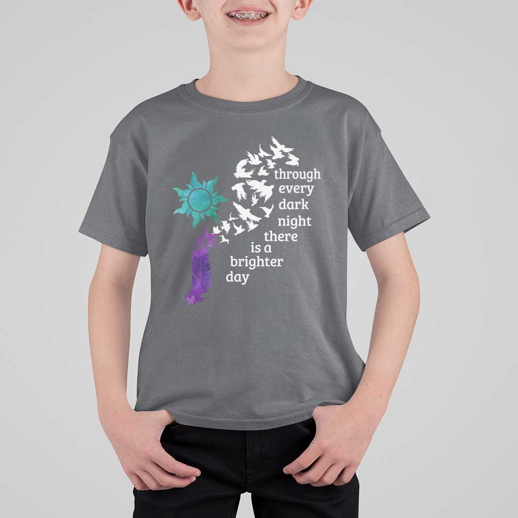 Suicide Prevention Awareness T Shirt For Kid Through Every Dark Night There Is A Brighter Day Semicolon Sun Feathers TS11 Charcoal Print Your Wear