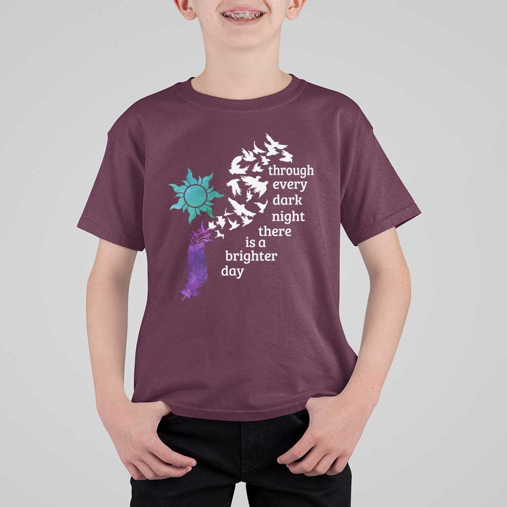 Suicide Prevention Awareness T Shirt For Kid Through Every Dark Night There Is A Brighter Day Semicolon Sun Feathers TS11 Maroon Print Your Wear