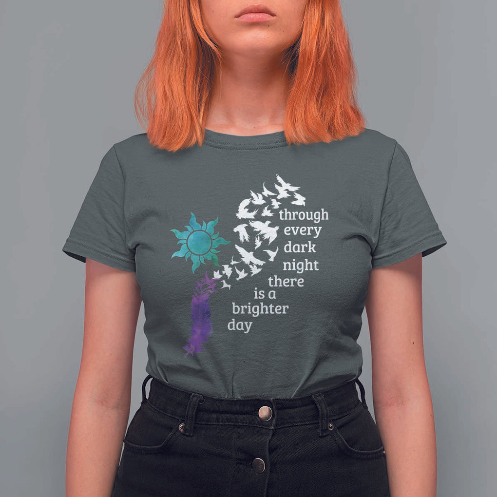 Suicide Prevention Awareness T Shirt For Women Through Every Dark Night There Is A Brighter Day Semicolon Sun Feathers TS11 Dark Heather Print Your Wear