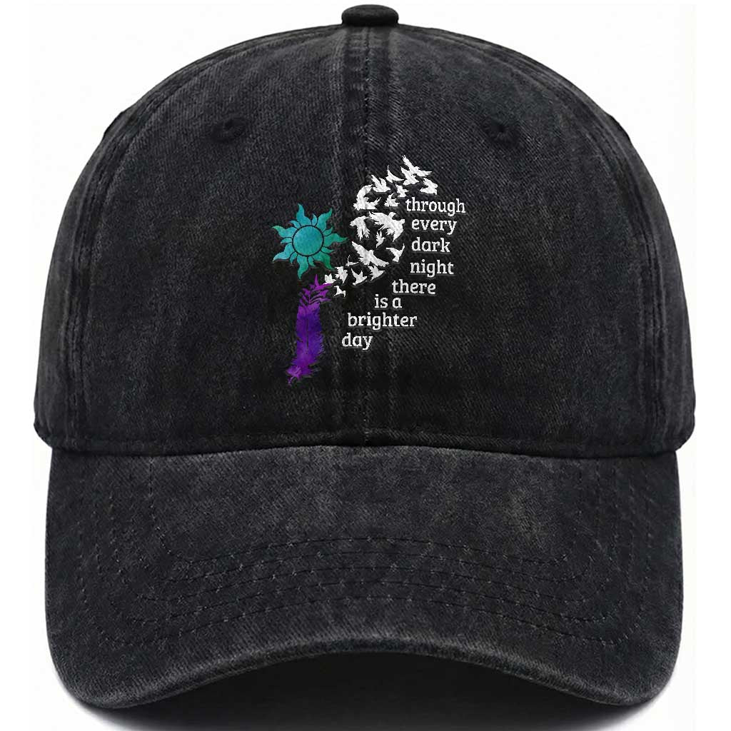 Suicide Prevention Awareness Washed Cotton Baseball Cap Through Every Dark Night There Is A Brighter Day Semicolon Sun Feathers