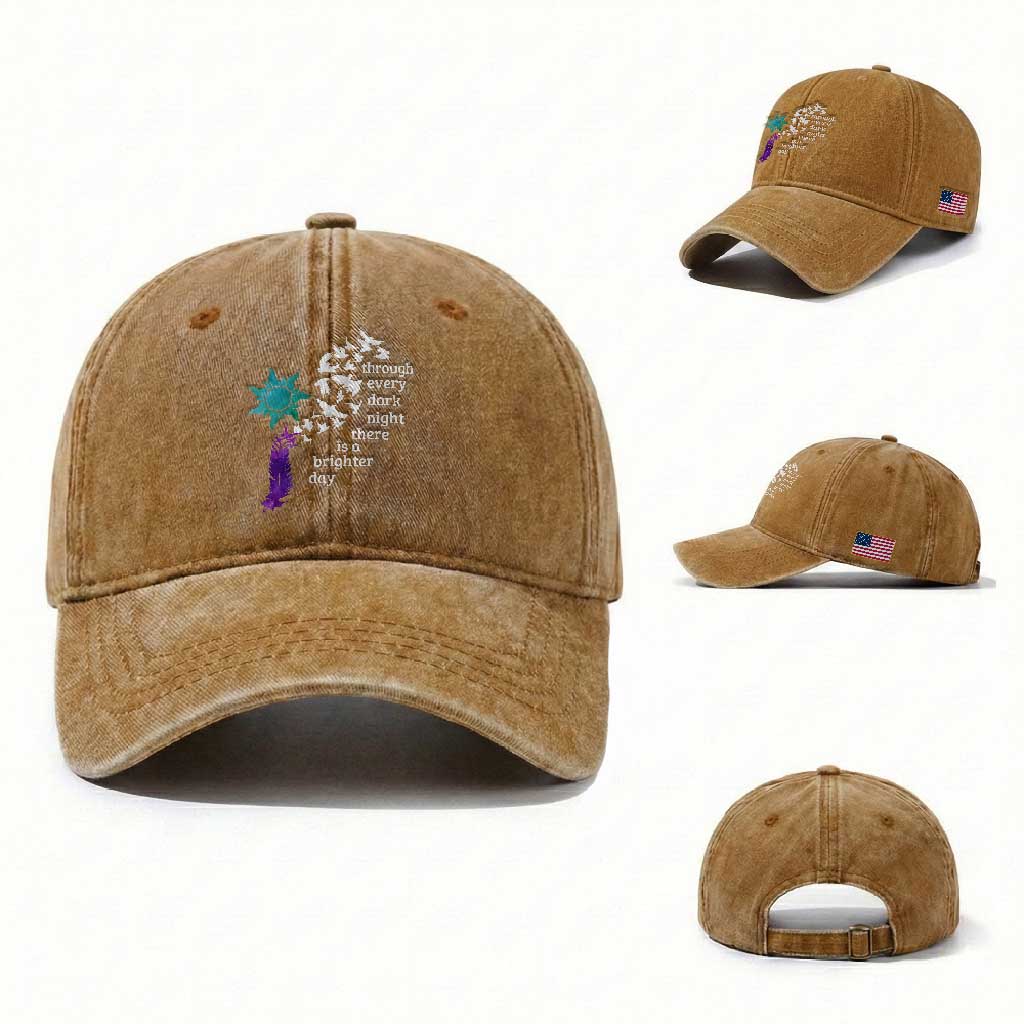 Suicide Prevention Awareness Washed Cotton Baseball Cap Through Every Dark Night There Is A Brighter Day Semicolon Sun Feathers