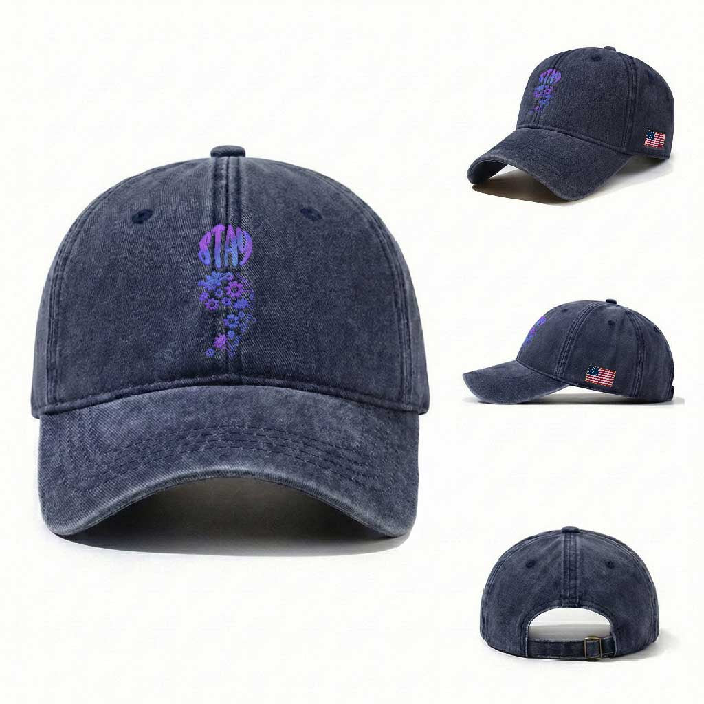 Suicide Prevention Awareness Washed Cotton Baseball Cap Stay Your Story Is Not Over Semicolon Flower