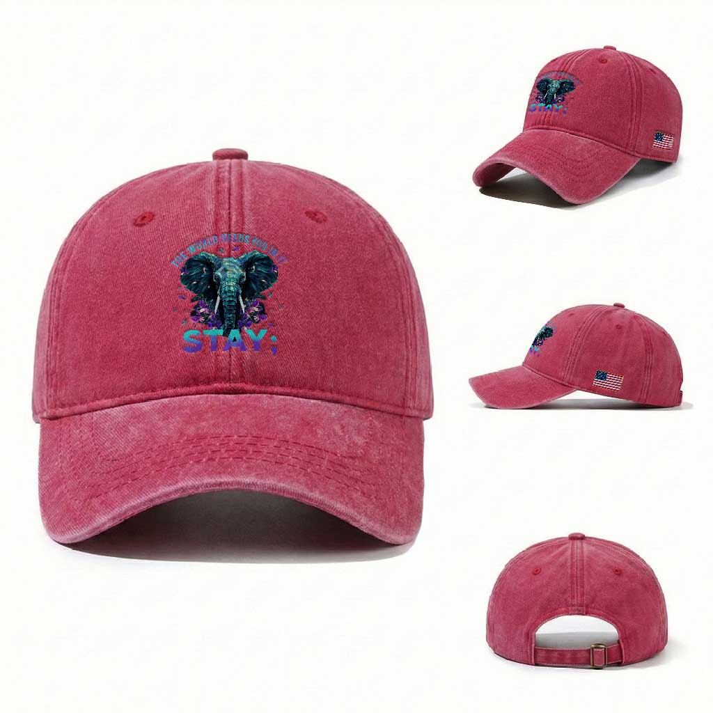 Suicide Prevention Awareness Washed Cotton Baseball Cap Stay The World Needs You In It Semicolon Elephant Flower