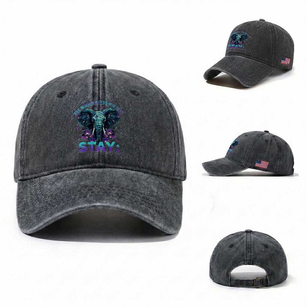 Suicide Prevention Awareness Washed Cotton Baseball Cap Stay The World Needs You In It Semicolon Elephant Flower