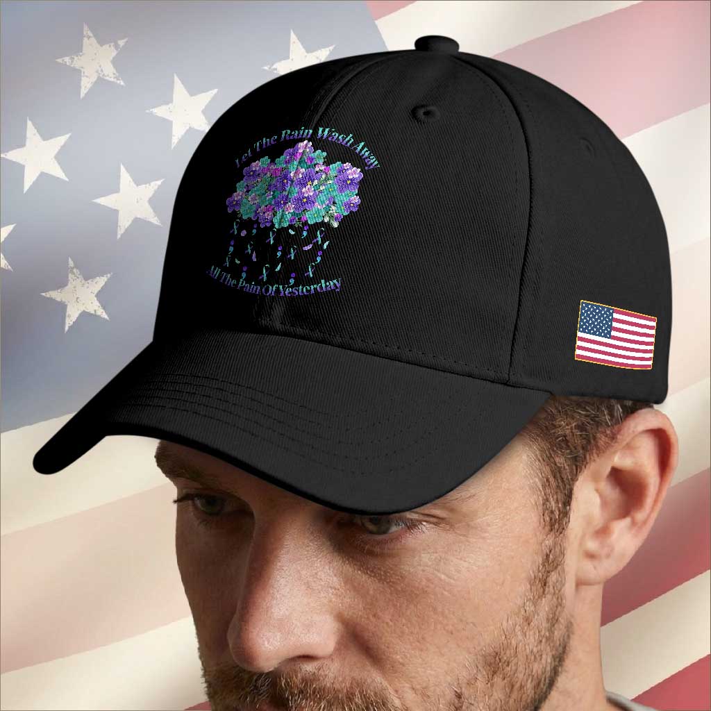 Suicide Prevention Awareness Baseball Cap Let The Rain Wash Away All The Pain Of Yesterday Flower Cloud Semicolon