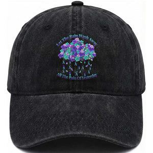 Suicide Prevention Awareness Washed Cotton Baseball Cap Let The Rain Wash Away All The Pain Of Yesterday Flower Cloud Semicolon