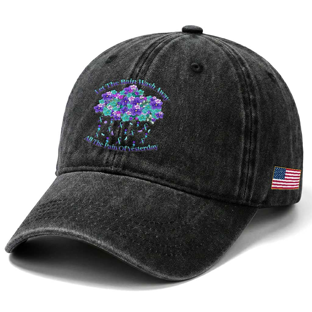 Suicide Prevention Awareness Washed Cotton Baseball Cap Let The Rain Wash Away All The Pain Of Yesterday Flower Cloud Semicolon
