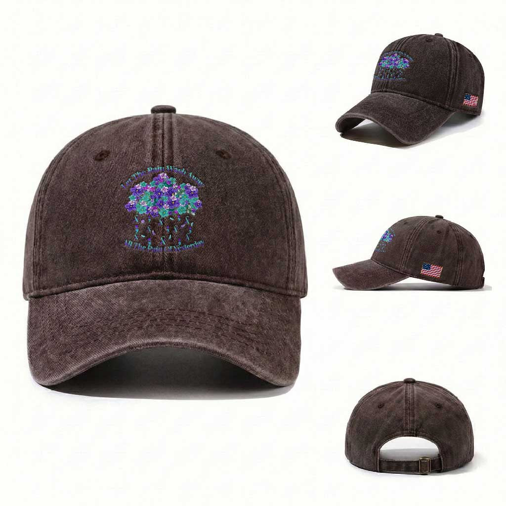 Suicide Prevention Awareness Washed Cotton Baseball Cap Let The Rain Wash Away All The Pain Of Yesterday Flower Cloud Semicolon