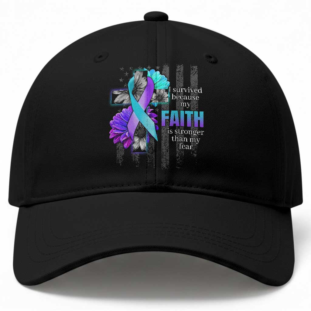 Suicide Prevention Awareness Baseball Cap I Survived Because My Faith Is Stronger Than My Fear Ribbon Flower USA Flag