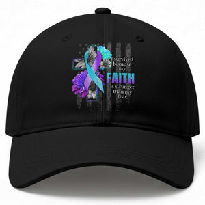 Suicide Prevention Awareness Baseball Cap I Survived Because My Faith Is Stronger Than My Fear Ribbon Flower USA Flag