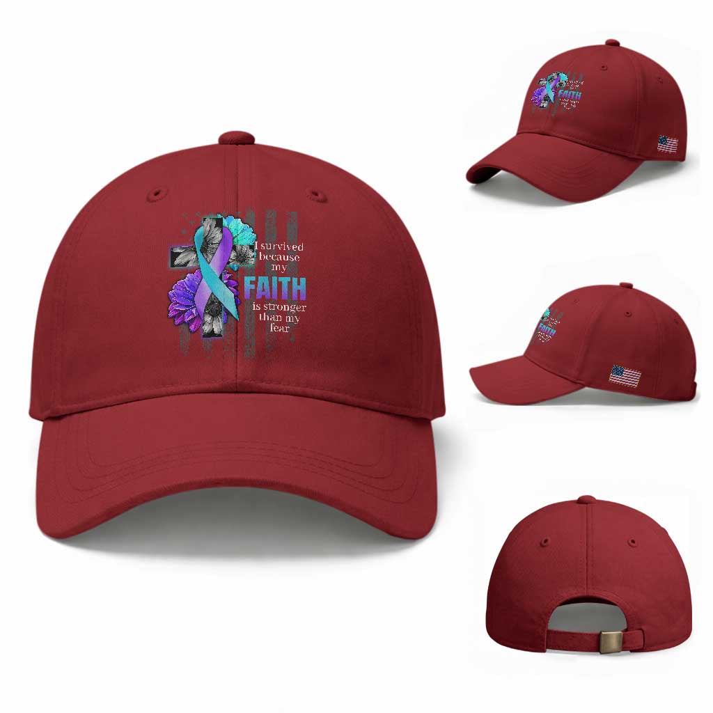 Suicide Prevention Awareness Baseball Cap I Survived Because My Faith Is Stronger Than My Fear Ribbon Flower USA Flag