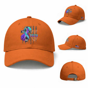 Suicide Prevention Awareness Baseball Cap I Survived Because My Faith Is Stronger Than My Fear Ribbon Flower USA Flag