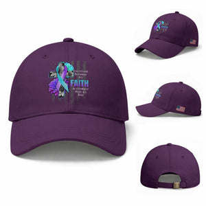 Suicide Prevention Awareness Baseball Cap I Survived Because My Faith Is Stronger Than My Fear Ribbon Flower USA Flag
