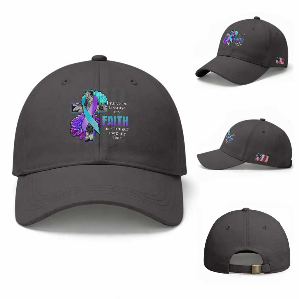 Suicide Prevention Awareness Baseball Cap I Survived Because My Faith Is Stronger Than My Fear Ribbon Flower USA Flag