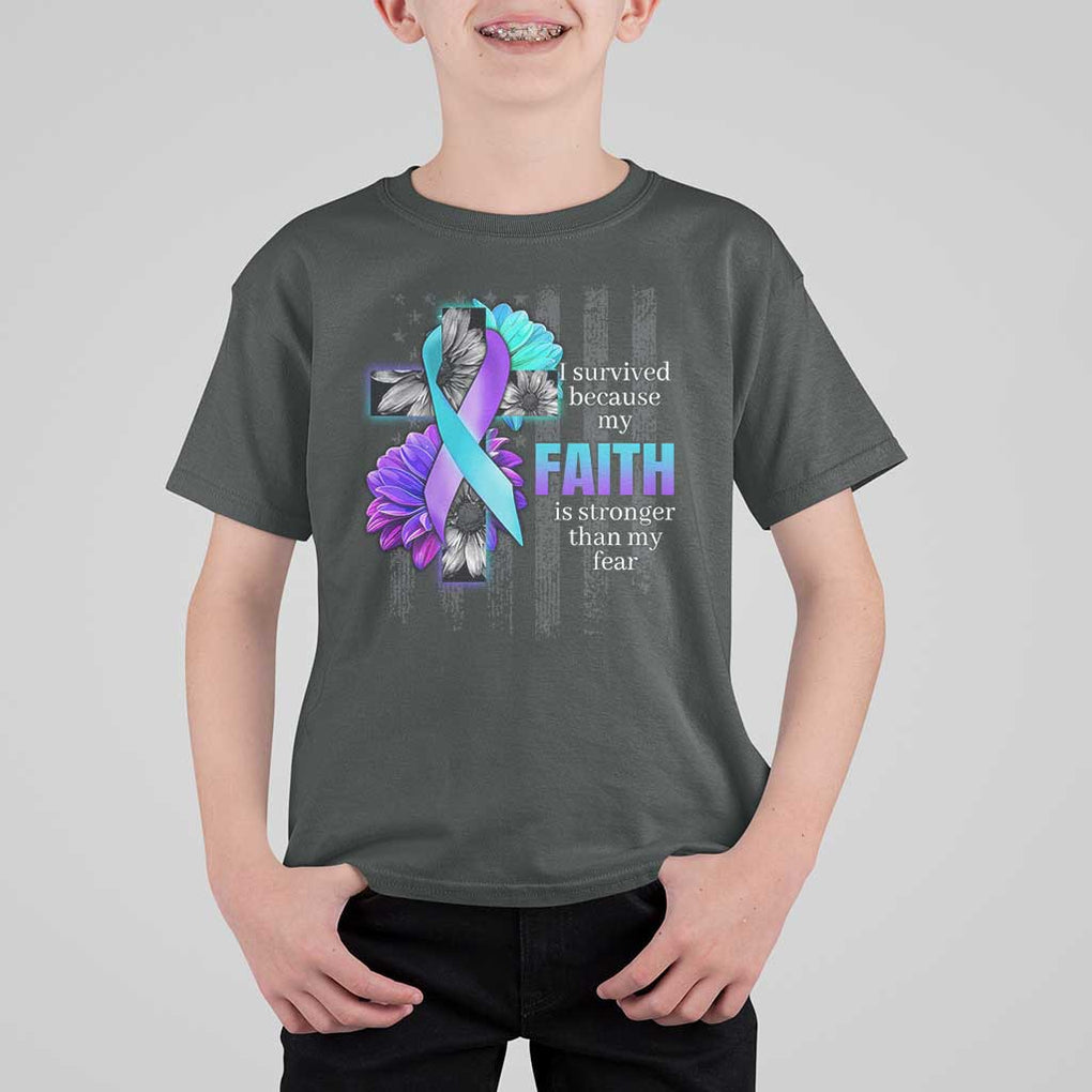 Suicide Prevention Awareness T Shirt For Kid I Survived Because My Faith Is Stronger Than My Fear Ribbon Flower USA Flag TS11 Dark Heather Print Your Wear