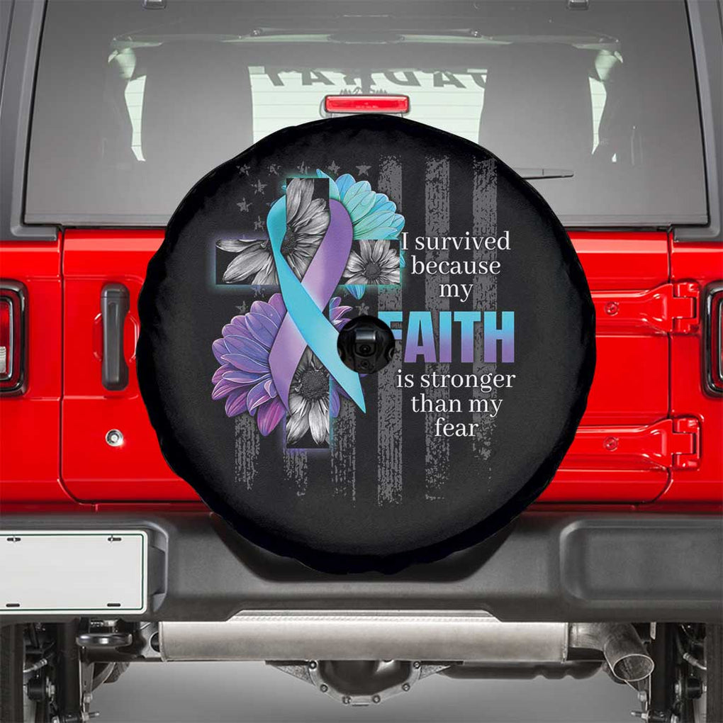 Suicide Prevention Awareness Spare Tire Cover I Survived Because My Faith Is Stronger Than My Fear Ribbon Flower USA Flag TS11 Black Print Your Wear