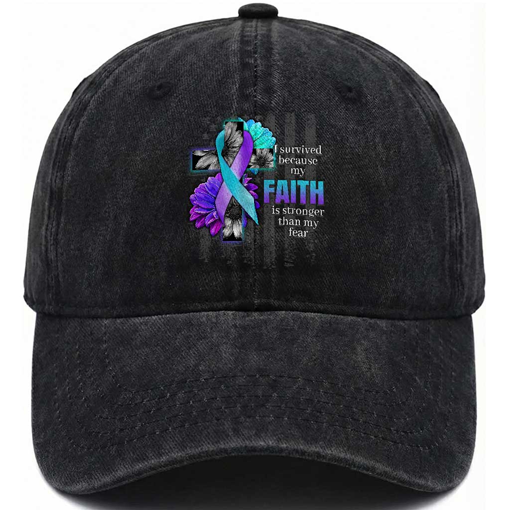 Suicide Prevention Awareness Washed Cotton Baseball Cap I Survived Because My Faith Is Stronger Than My Fear Ribbon Flower USA Flag