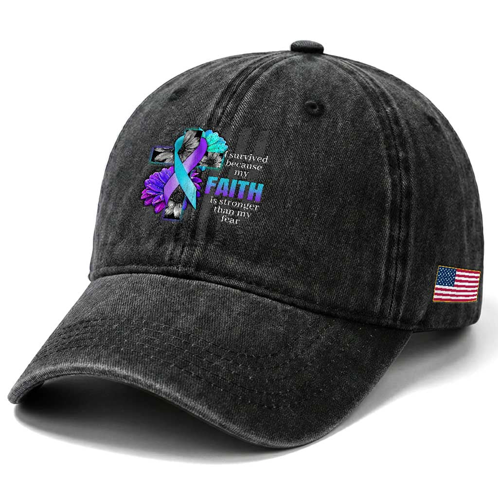 Suicide Prevention Awareness Washed Cotton Baseball Cap I Survived Because My Faith Is Stronger Than My Fear Ribbon Flower USA Flag
