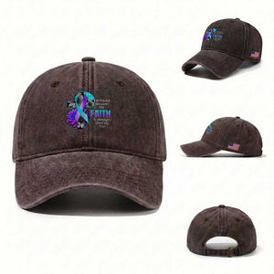 Suicide Prevention Awareness Washed Cotton Baseball Cap I Survived Because My Faith Is Stronger Than My Fear Ribbon Flower USA Flag