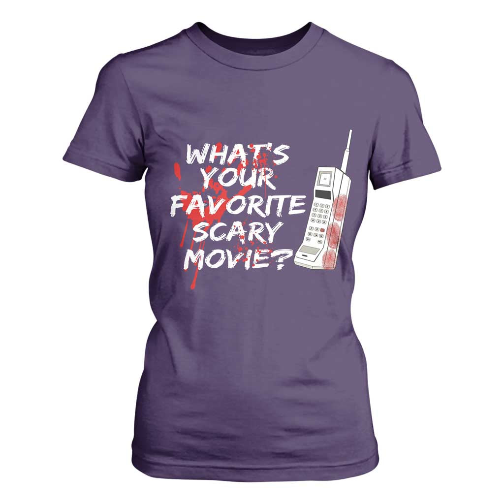 Funny Whats Your Favorite Scary Movie T Shirt For Women Halloween Horror Film Lover TS11 Purple Print Your Wear