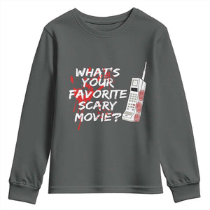 Funny Whats Your Favorite Scary Movie Youth Sweatshirt Halloween Horror Film Lover TS11 Dark Heather Print Your Wear