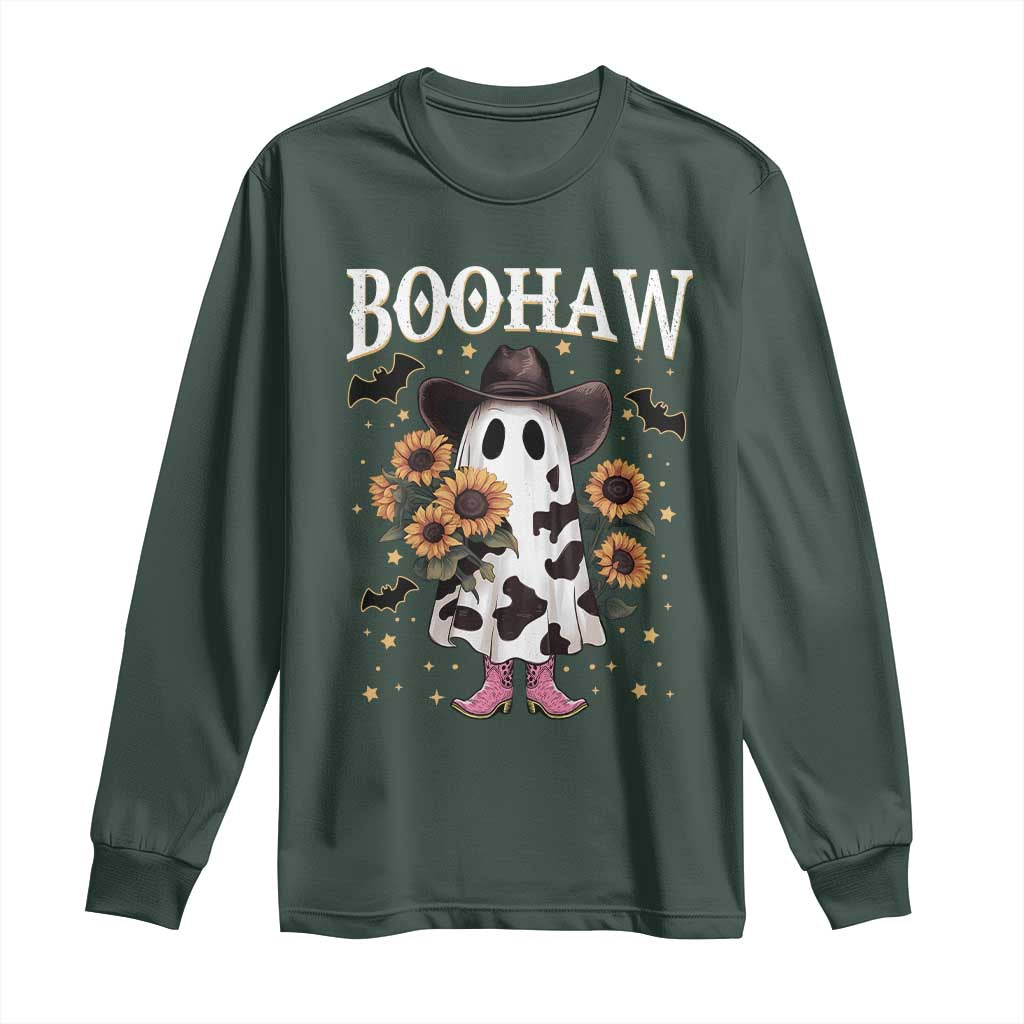 Funny Boohaw Halloween Western Cowboy Ghost Long Sleeve Shirt TS11 Dark Forest Green Print Your Wear