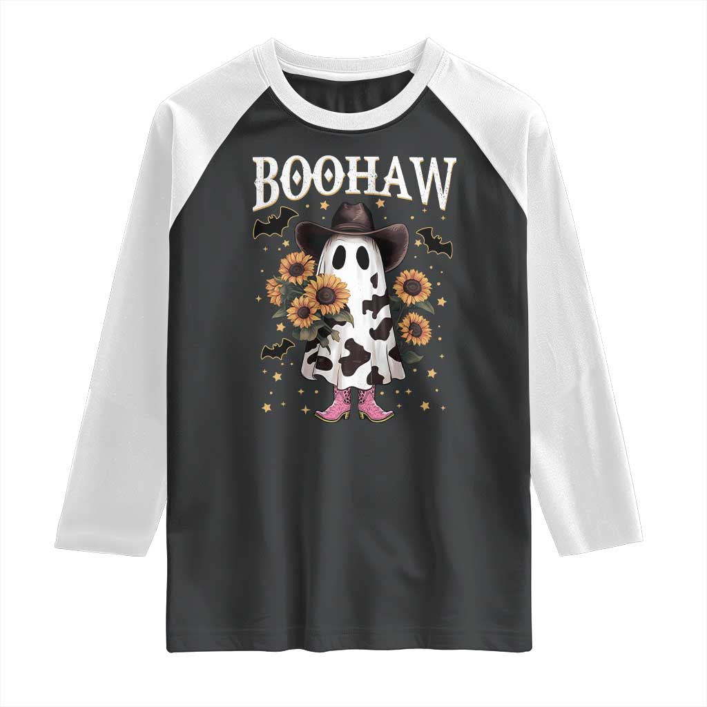 Funny Boohaw Halloween Western Cowboy Ghost Raglan Shirt TS11 Black White Print Your Wear