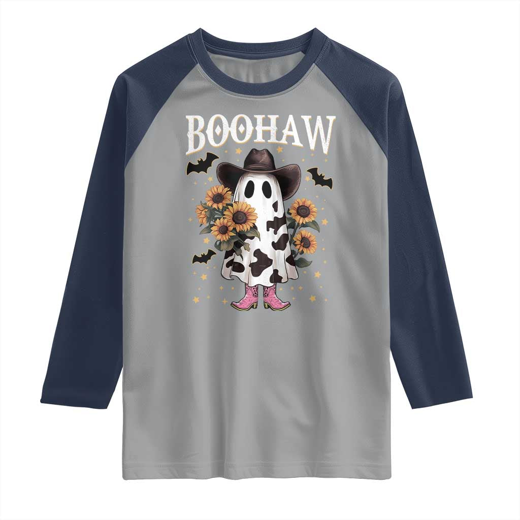 Funny Boohaw Halloween Western Cowboy Ghost Raglan Shirt TS11 Sport Gray Navy Print Your Wear