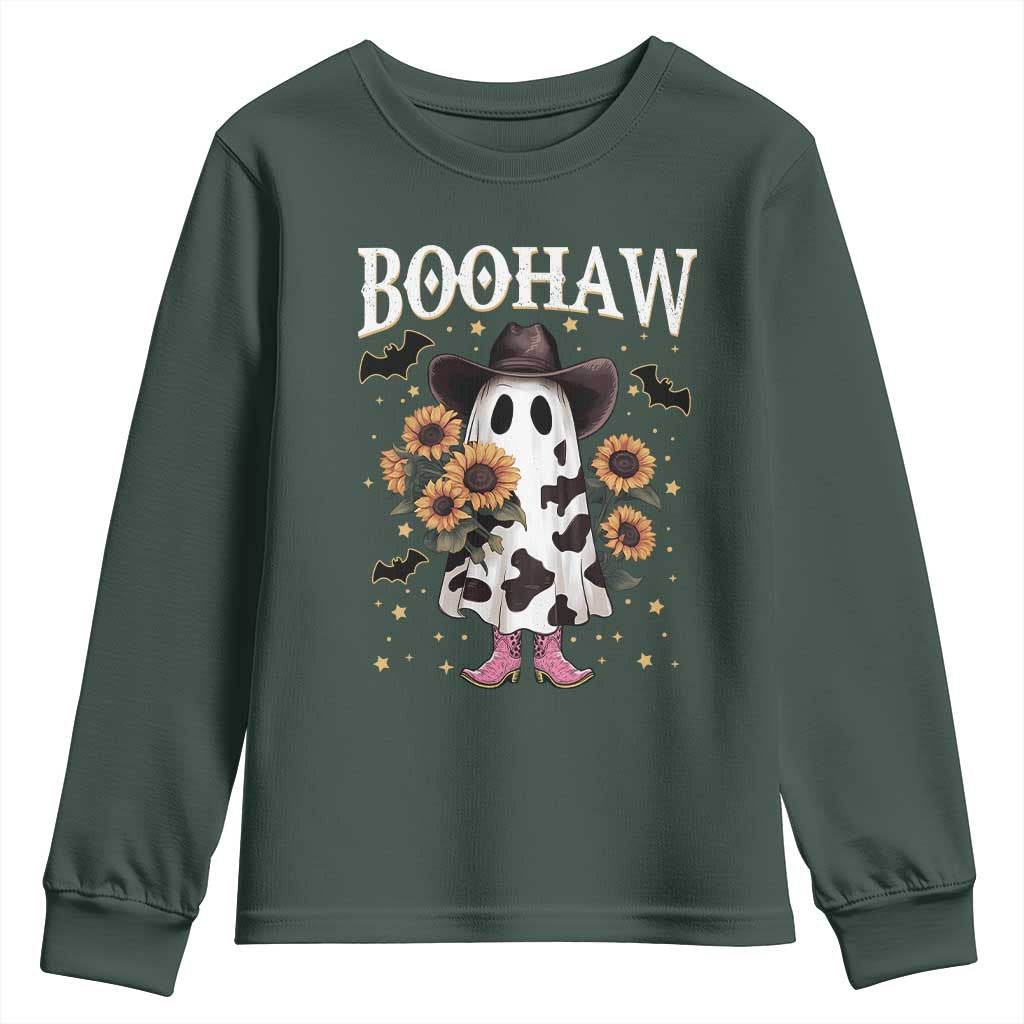 Funny Boohaw Halloween Western Cowboy Ghost Youth Sweatshirt TS11 Dark Forest Green Print Your Wear
