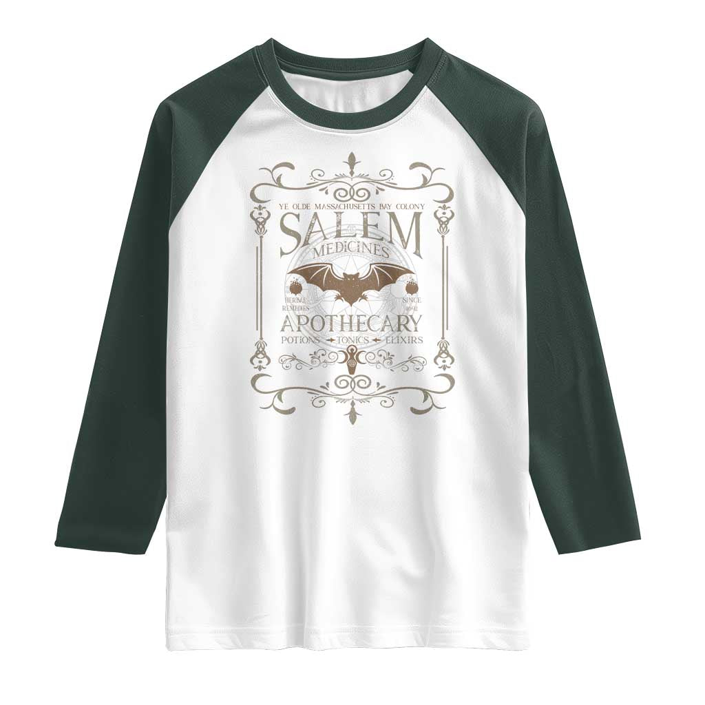 Halloween Salem Witch Raglan Shirt Salem Medicines Apothecary Potions Tonics Elixirs TS11 White Dark Forest Green Print Your Wear