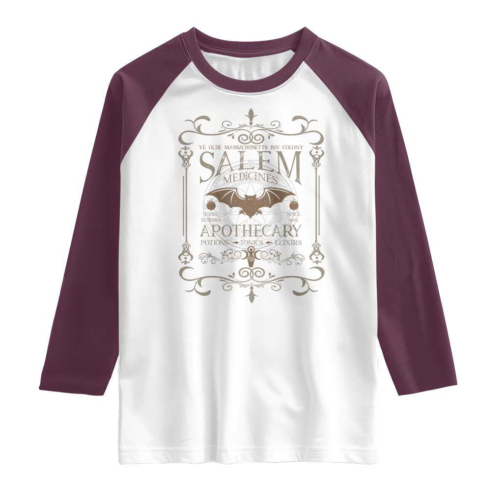 Halloween Salem Witch Raglan Shirt Salem Medicines Apothecary Potions Tonics Elixirs TS11 White Maroon Print Your Wear