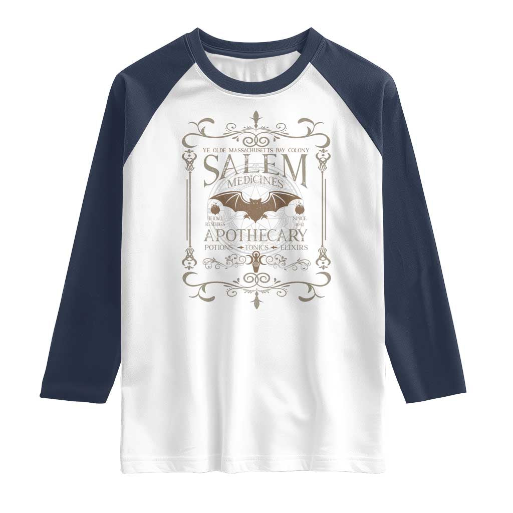 Halloween Salem Witch Raglan Shirt Salem Medicines Apothecary Potions Tonics Elixirs TS11 White Navy Print Your Wear
