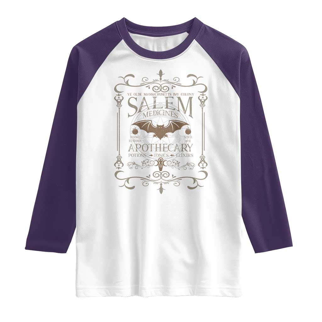 Halloween Salem Witch Raglan Shirt Salem Medicines Apothecary Potions Tonics Elixirs TS11 White Purple Print Your Wear
