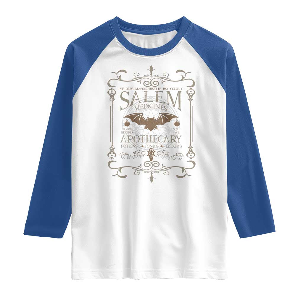Halloween Salem Witch Raglan Shirt Salem Medicines Apothecary Potions Tonics Elixirs TS11 White Royal Print Your Wear
