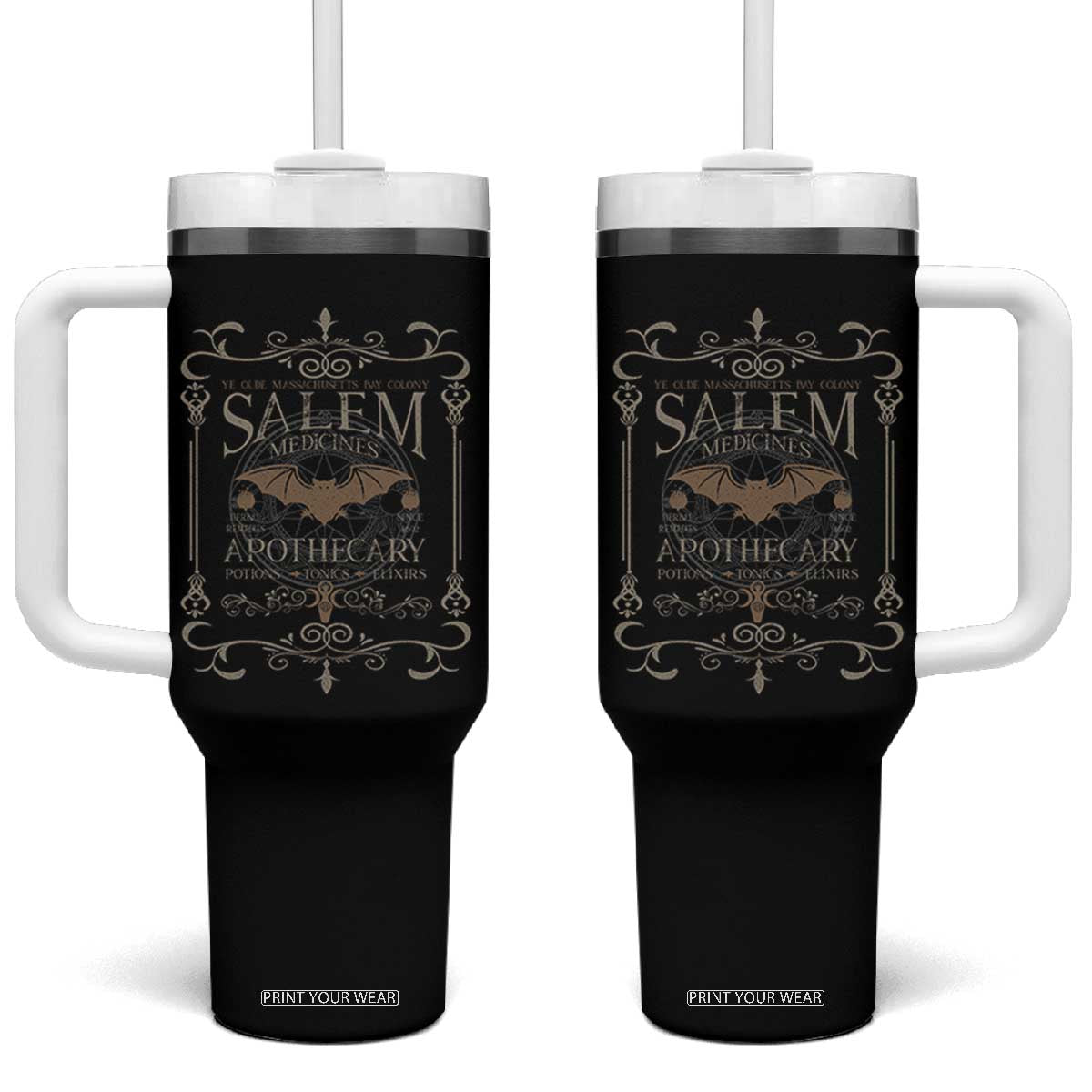 Halloween Salem Witch Tumbler With Handle Salem Medicines Apothecary Potions Tonics Elixirs TS11 One Size: 40 oz Black Print Your Wear